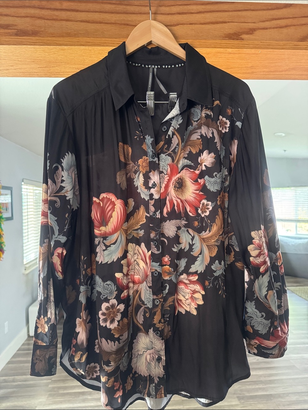 Anthropologie Black Sheer Floral Button-Down Blouse